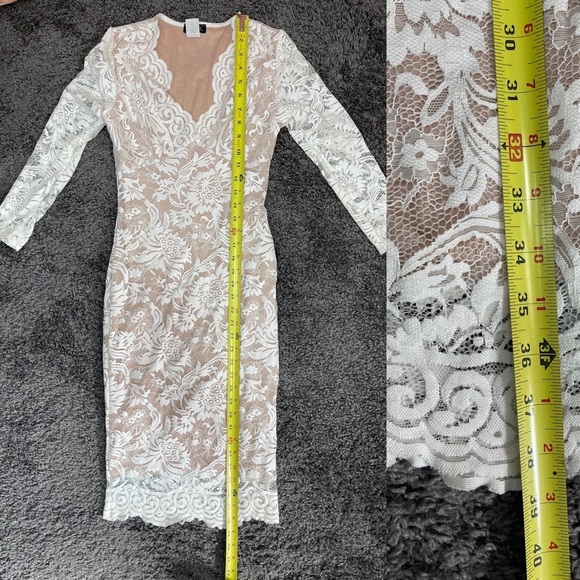 Kimcine off white nude lined 3/4 sleeve V-neck fitted stretch dress women’s S - Picture 15 of 17